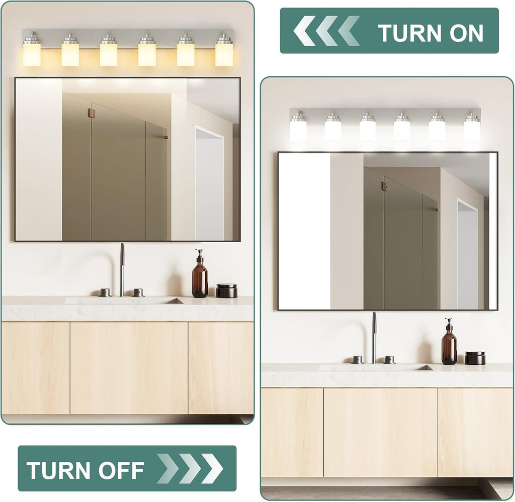 IZORRO Bathroom Vanity Light Fixture, 6-Light 46 Inch Brushed Nickel Bathroom Light Fixtures Over Mirror, with White Glass Shade, Modern Farmhouse Vanity Lights, Rustic Restroom Lighting Fixtures