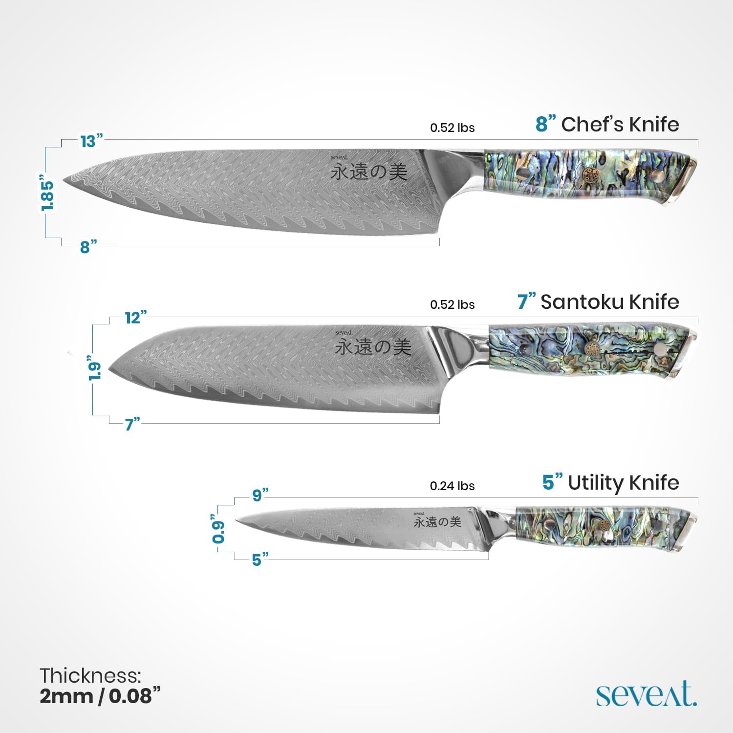 Damascus Kitchen Knife Set | 67-Layer Damascus Steel | Professional Chef Knives Set | Ergonomic Blue Shell Handle | Gift Box Included (Blue-2, 3-Piece Set)