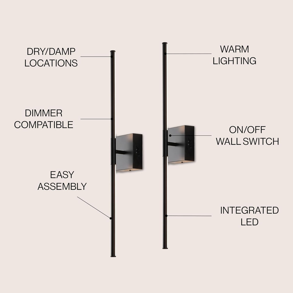 JONATHAN Y 28' Black Modern Dimmable Integrated LED Wall Sconce, Metal Vanity Light for Bathroom Mirror Bedroom Hallway, Sleek Hardwired Wall Lamp Fixture, 3000K (JYL7022C-SET2)