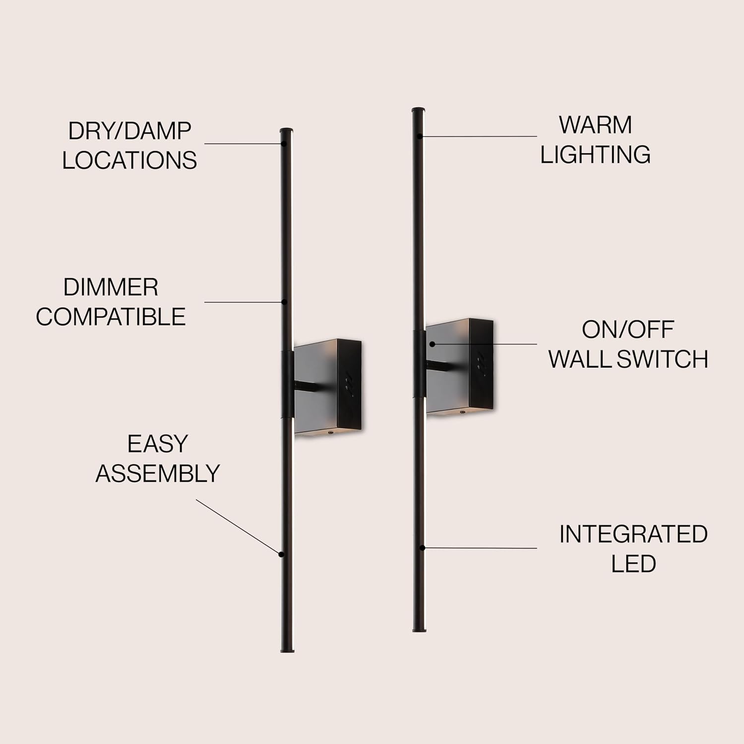 JONATHAN Y 28' Black Modern Dimmable Integrated LED Wall Sconce, Metal Vanity Light for Bathroom Mirror Bedroom Hallway, Sleek Hardwired Wall Lamp Fixture, 3000K (JYL7022C-SET2)