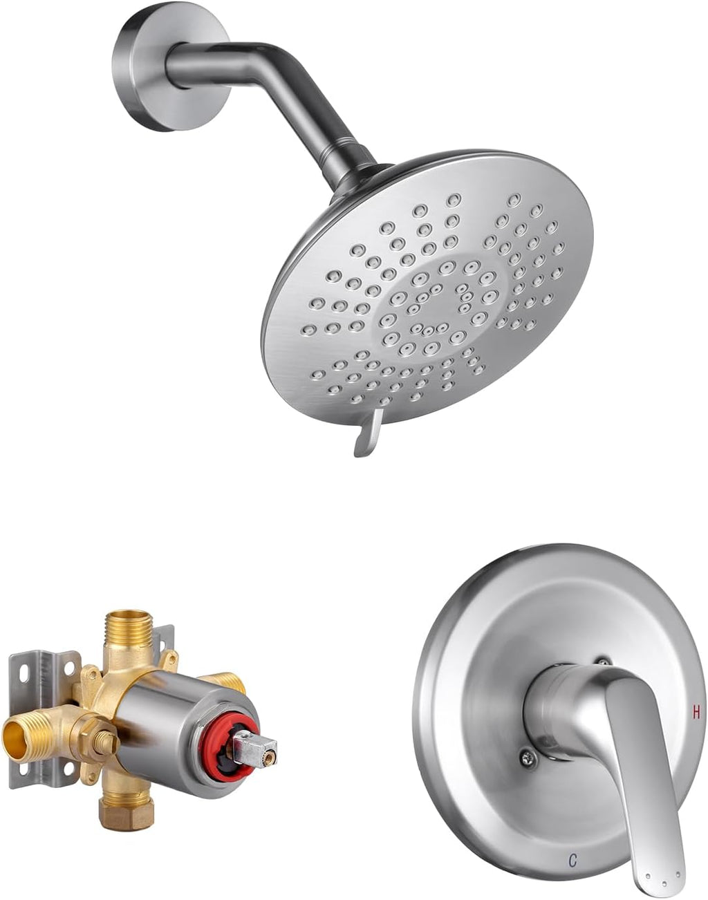 Shower Faucet with Valve, Bathroom Shower Faucet Kit, Solid Brass Shower Head Faucet Set Complete, Single Handle Rain Shower Head Trim Kit for Bathroom, Brushed Nickel