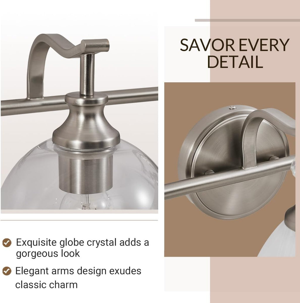 ANDY STAR 3 Light Bathroom Vanity Light, Brushed Nickel Bathroom Light Fixture, Modern Wall Sconces with Globe Clear Glass Shade, Wall Mounted Bathroom Light Over Mirror for Living Room, Foyer