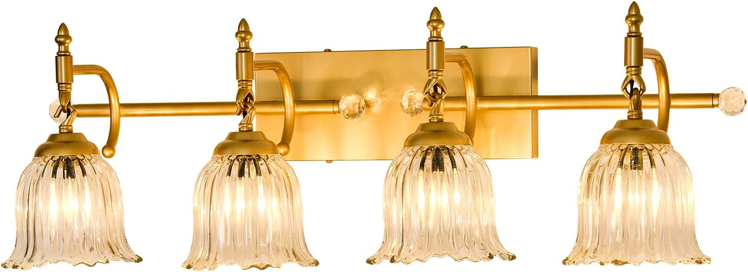 CVKASH 4-Light Bathroom Vanity Light Fixtures Over Mirror,Brushed Gold Modern Vanity Lights with Glass Shade Vintage Wall Sconce for Bedroom Dressing Room Living Room Hallway Cabinet