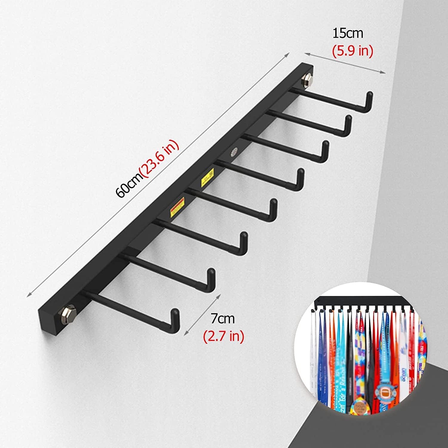 Ribbon Storage Organizers Rack Gymnastics Medal Holder for Girls Boys, Wall Mount Race Running Medal Hanger Display with 24 Inch L for Awards Ribbons, Black