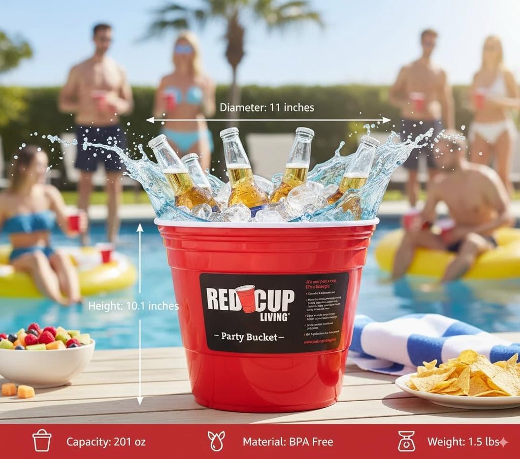 Red Cup Living Large Party Ice Bucket, 201 oz Insulated Drink Cooler for Parties, Bar & Kitchen, Durable Plastic Beer, Wine & Champagne Beverage Tub for Holiday (12)