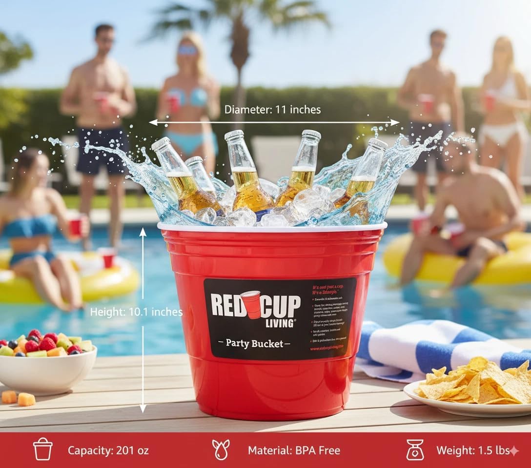 Red Cup Living Large Party Ice Bucket, 201 oz Insulated Drink Cooler for Parties, Bar & Kitchen, Durable Plastic Beer, Wine & Champagne Beverage Tub for Holiday (12)