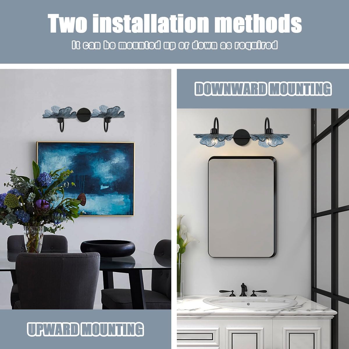 2-Light Glass Wall Mount Light Matte Black Wall Sconce Art Deco Blue Glass Bathroom Lights Fixtures Vintage Vanity Lights Over Mirror for Bedroom Hallway Living Room