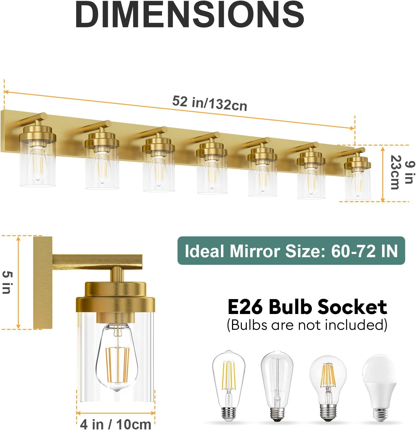 IZORRO Bathroom Vanity Light Fixture, 7-Light 52 inch Gold Bathroom Light Fixtures Over Mirror, with Clear Glass Shade, Modern Farmhouse Vanity Lights, Rustic Restroom Lighting Fixtures