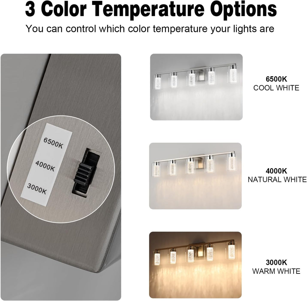 SineRise 5-Light Brushed Nickel Vanity Light with 3 Color Modes (3000K/4000K/6000K), Eye Protection LED Bathroom Light Fixture, Dimmable Modern Wall Light Over Mirror with Clear Glass Shade
