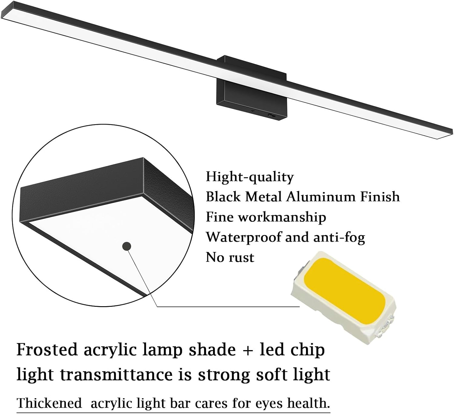 Ralbay 5 Color Temperature Dimmable Mdoern Black Vanity Light for Bathroom Lighting 48inch Acrylic LED Modern Black Bathroom Wall Lighting Fixtures Over Mirror