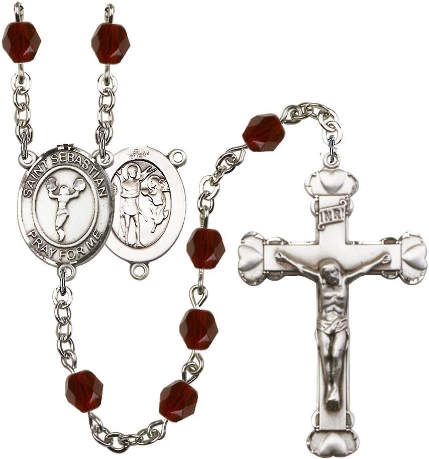 St. Sebastian/Cheerleading Silver-Plated Rosary 6mm January Red Fire Polished Beads Crucifix Size 1 5/8 x 1 medal charm