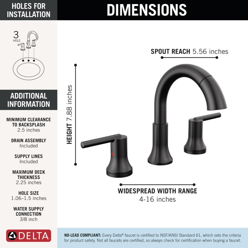 Delta Faucet Trinsic Pull Down Bathroom Faucet, Bathroom Pull Out Faucet, Black Widespread Bathroom Faucet 3 Hole Pull Down Sprayer, Bathroom Sink Faucet Magnetic Docking, Matte Black 3559-BLPD-DST