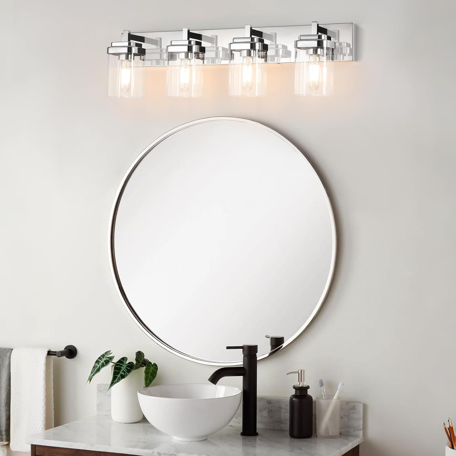 4-Light Vanity Light Fixture, Bathroom Wall Sconces, Bathroom Vanity Lighting Over Mirror | Square Clear Glass Shade | Bulbs Not Included | E26 Socket | Chrome
