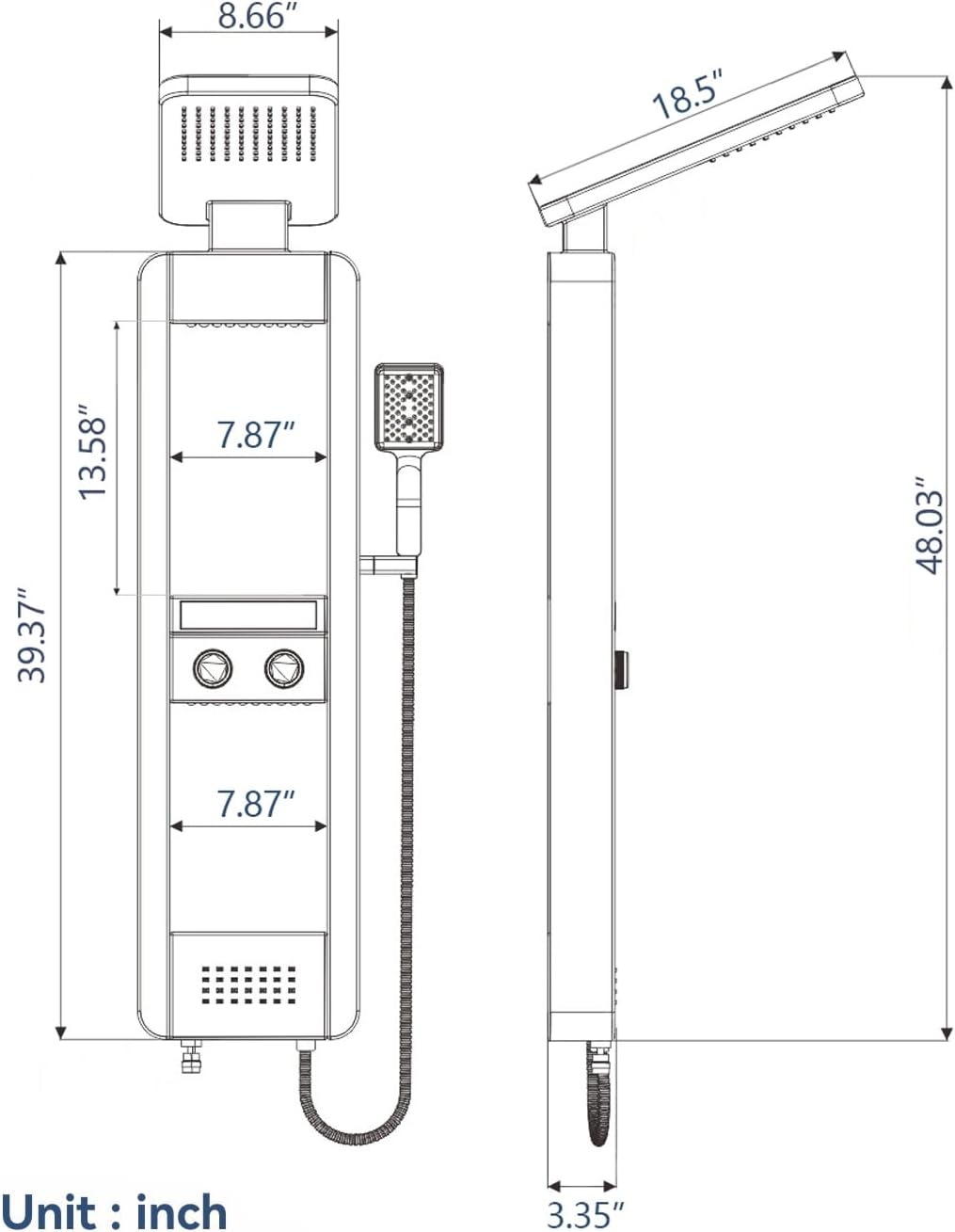 ELLO&ALLO LED Shower Panel Tower System with Shelf, Rainfall Shower Head and Rain Massage System with Body Jets, Stainless Steel Bathroom Fixtures, Matte Black