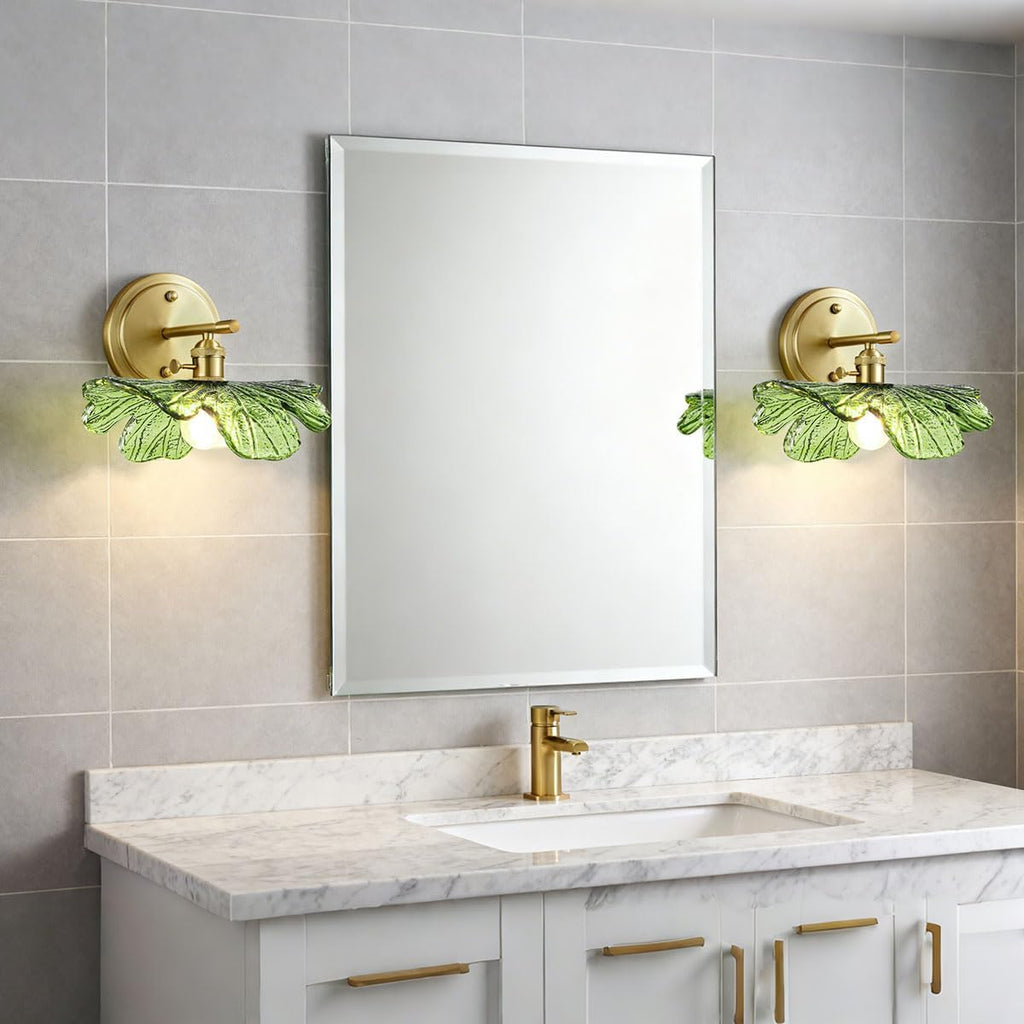 Green Glass Sconce 2 Light Leaf Bathroom Vanity Light Mid Century | Vintage Wall Sconces Set of 2 Gold Wall Lamp, E26 Brass Base, Vanity Light fixtures, Living Room Hallway Entryway
