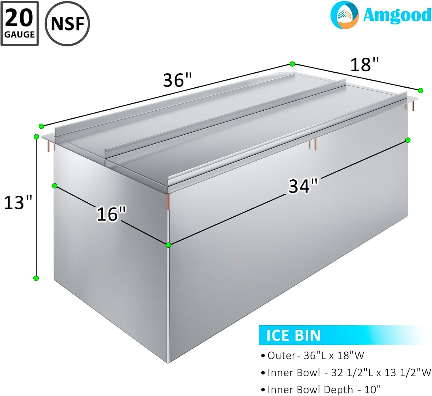 AmGood 18 in. x 36 in. Stainless Steel Drop-In Ice Bin with Sliding Lid