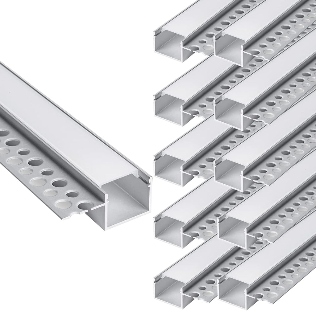 hunhun 10-Pack6.6ft/2Meter Drywall LED Aluminum Channel System with Milky Cover, End Caps and Mounting Clips, Aluminum Profile for LED Strip Light Installations (Single-Edge-6.6ft, 10)