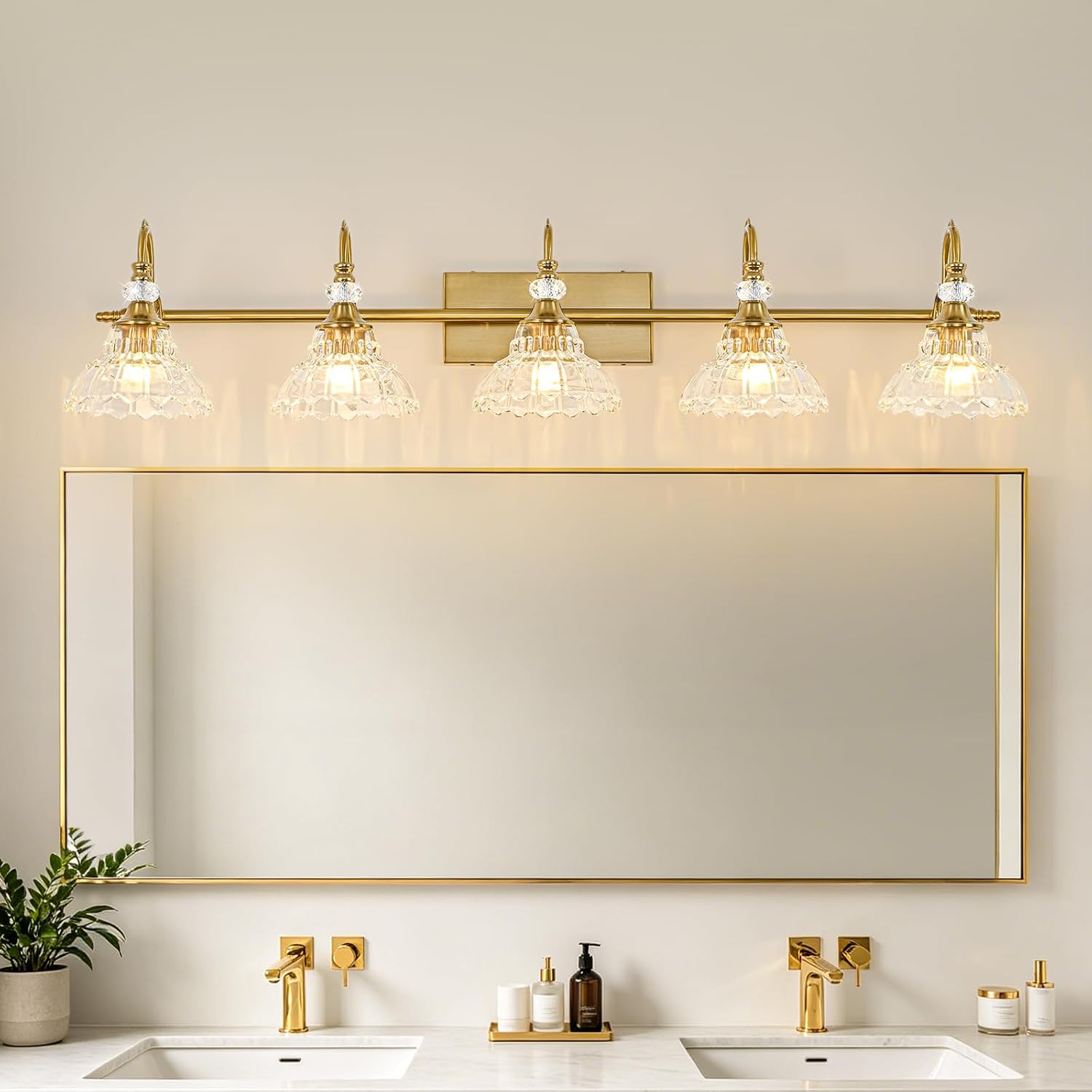 Vintage Bathroom Vanity Light, 5-Light Brushed Gold Finish Wall Sconce with Hanging Crystal Accents and Flower-Shaped Clear Glass Shades, Retro Wall Mount Vanity Light Over Mirror for Bathroom