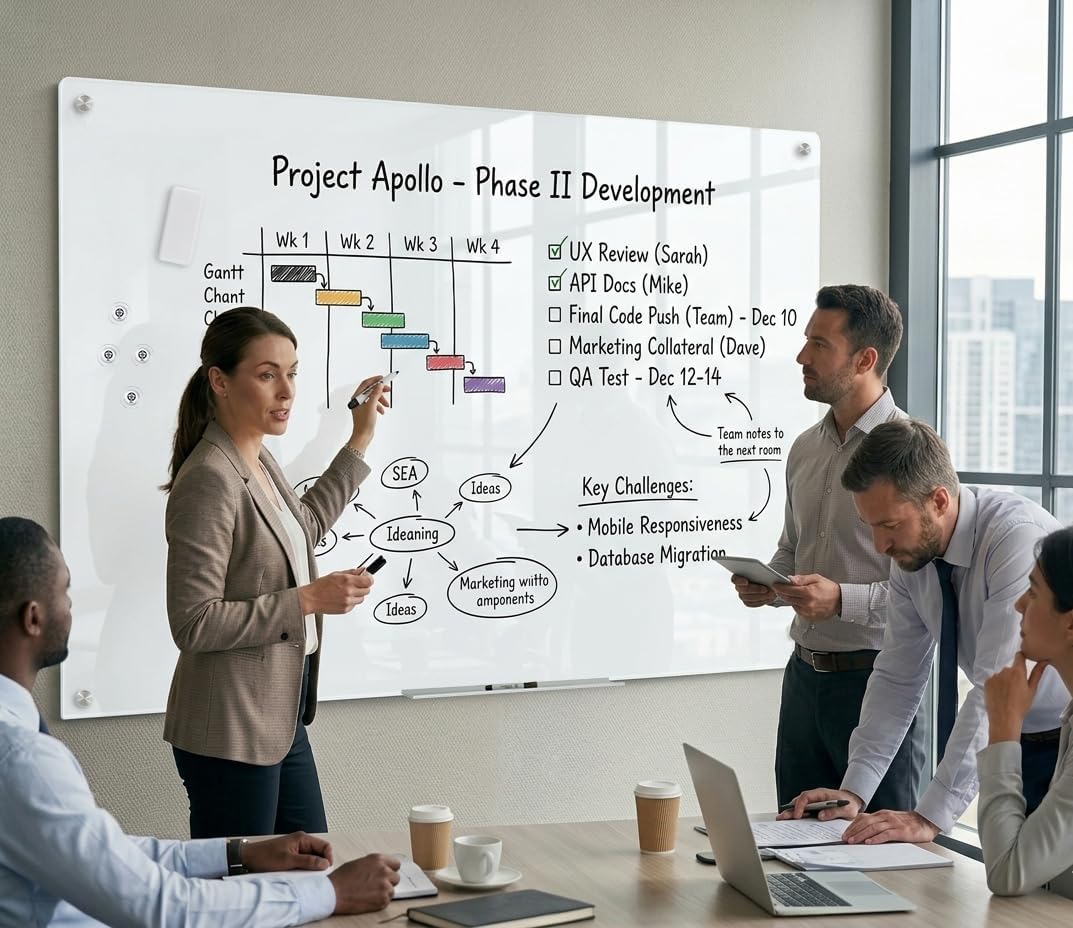 Magnetic Glass Whiteboard, Glass Dry Erase Board 4' x 3' White Surface, Glass White Board Frameless, Home School Supplies or Home Office Decor with Magnets, Markers, Eraser, Marker Tray