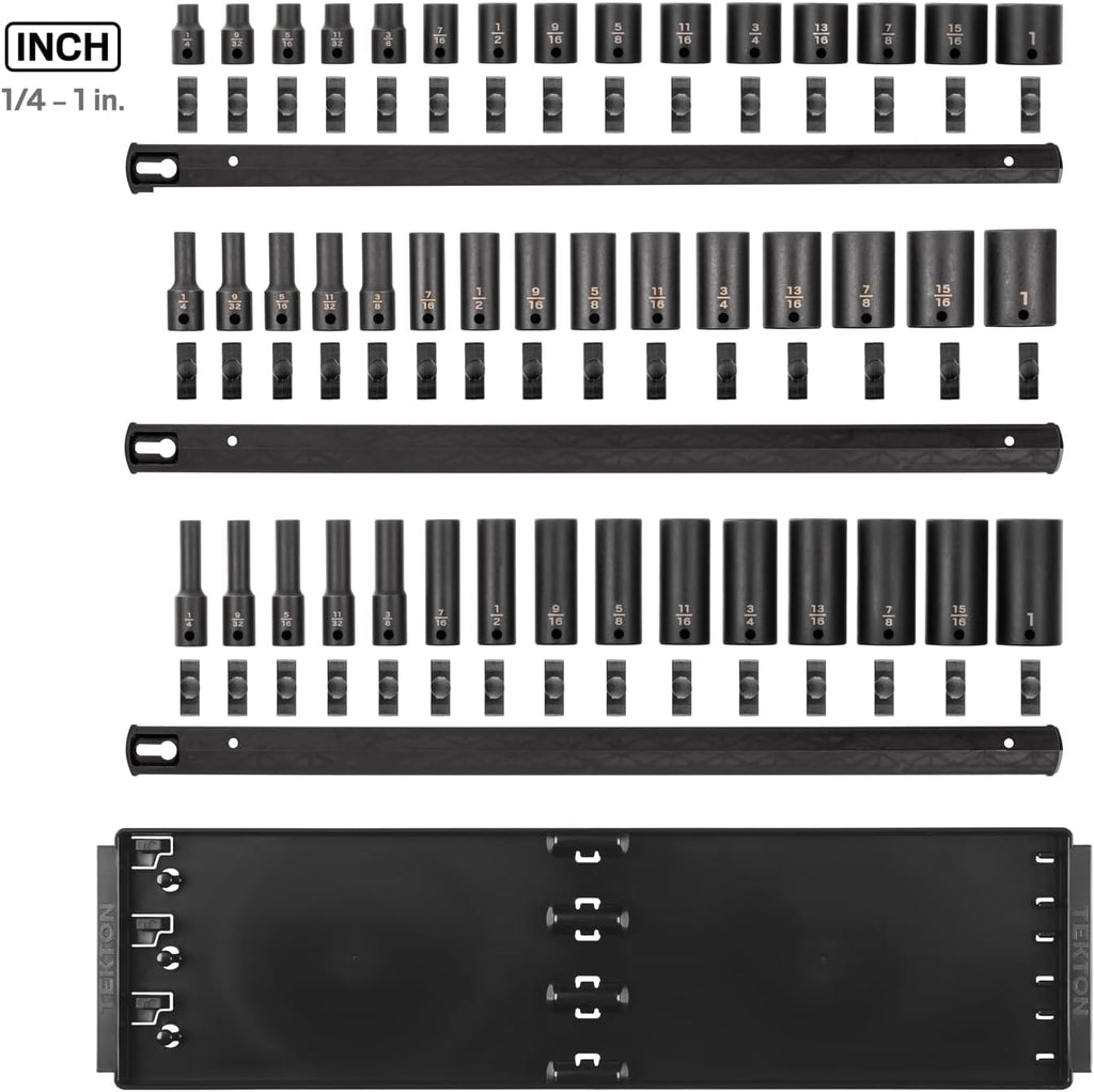 TEKTON 3/8 Inch Drive Shallow, Semi-Deep, and Deep 12-Point Impact Socket Set with Rails and Trays, 45-Piece (1/4-1 in.) | SID91124