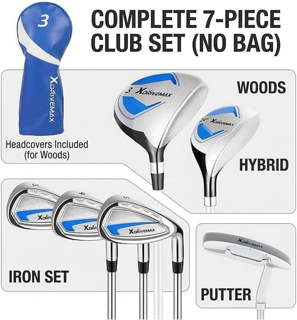 XDriveMax 7-Piece Complete Golf Clubs Set for Men & Women (Left/Right Hand), Advanced Performance Set with Fairway Wood, Hybrid, Irons and Putter, Regular Flex (No Golf Bag Included)