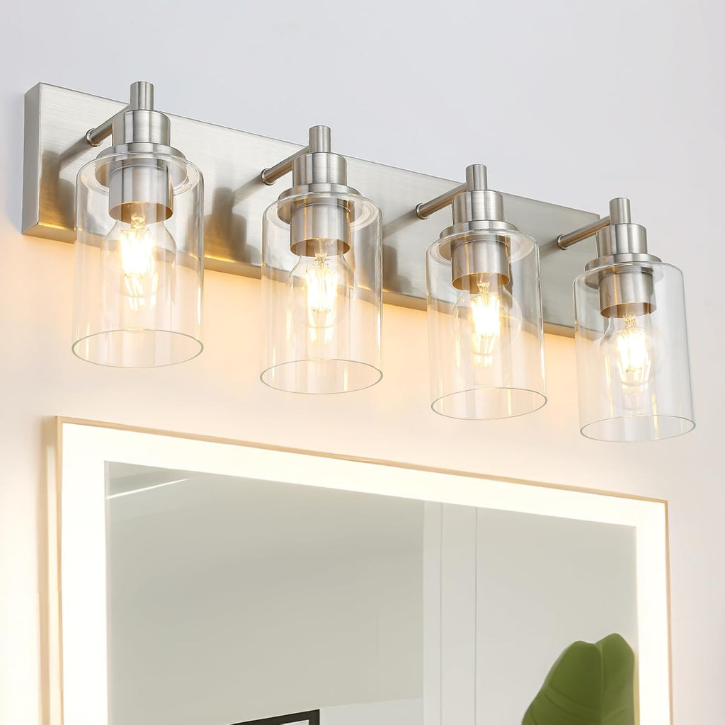 LOUSACE 4 Light Bathroom Vanity Light Brushed Nickel, Bathroom Lighting Fixtures with Clear Glass Shades Over Vanity Mirror, Modern Wall Sconces Fixtures for Bedroom Living Room, E26 Socket