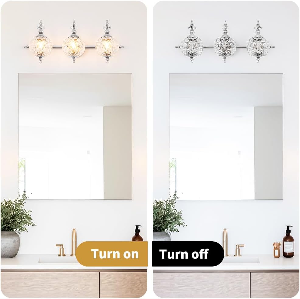 Brushed Nickel Bathroom Vanity Light Fixture Vintage Style - 3 Light G9 Bulb Compatible, 23' Wide Bathroom Lighting Over Mirror with Hand-Etched Glass Shades, Easy Mount for Makeup Area