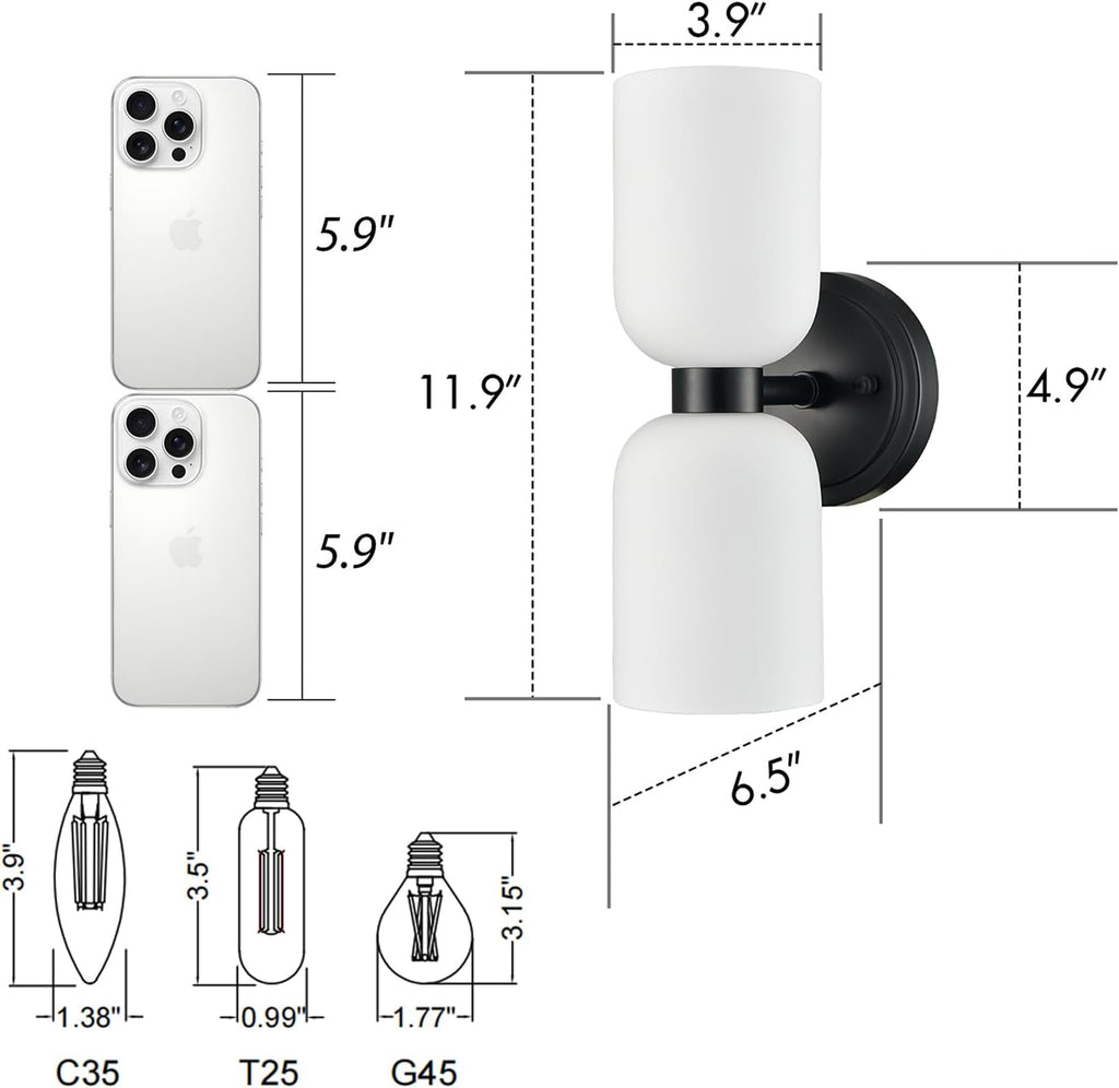 CLAXY Black Wall Sconces Set of 2 Glass Vine Shades | Milky White Glass Shade, Dual Shades Wall Lights for Bathroom Bedroom Hallway Kitchen Dimmable
