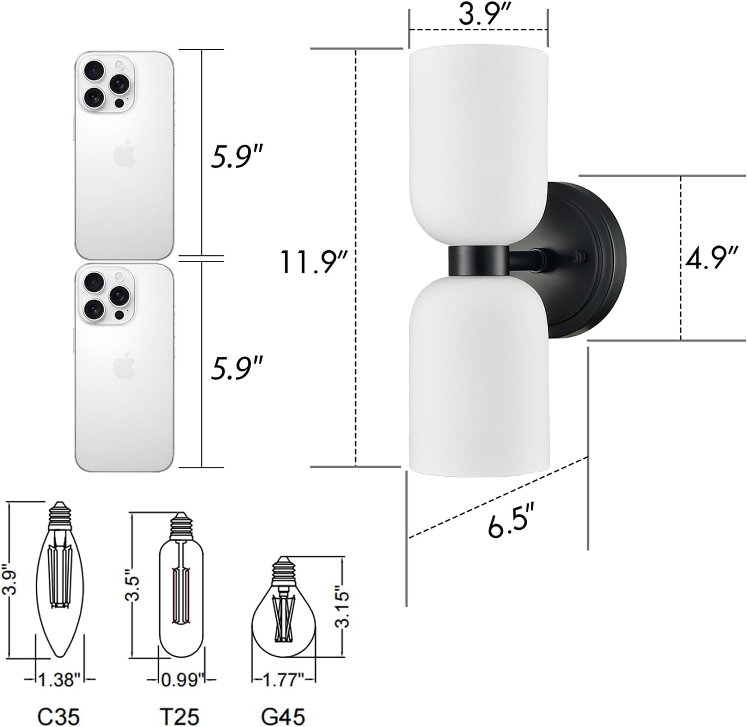 CLAXY Black Wall Sconces Set of 2 Glass Vine Shades | Milky White Glass Shade, Dual Shades Wall Lights for Bathroom Bedroom Hallway Kitchen Dimmable
