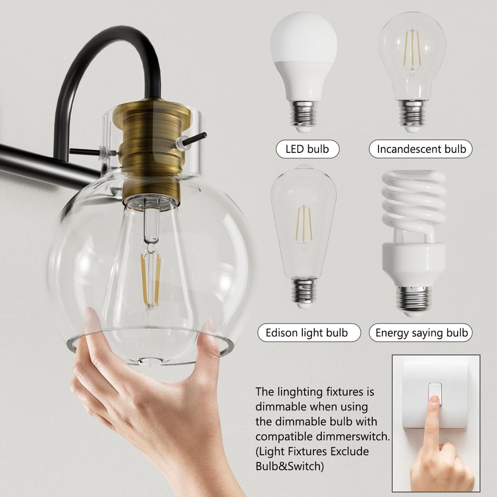4 Light Bathroom Light, Brushed Gold and Black Vanity Lighting Fixtures, Bathroom Wall Mounted Sconces Vanity Lights Over Mirror with Globel Glass Shade, E26 Base