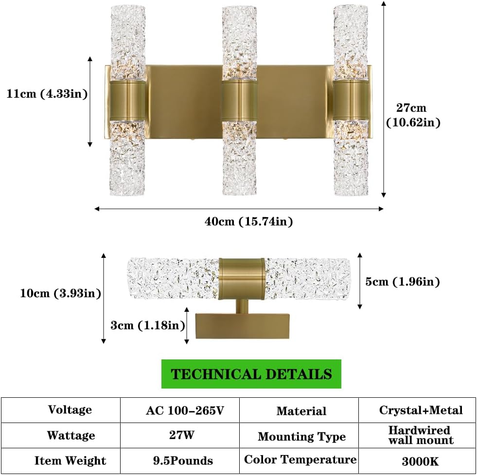 Gold Bathroom Light Fixture, Modern Brushed Vanity Light with Crystal, 6 Light Bathroom Vanity Light Fixtures Over Mirror, 27w LED Hardwired Wall Sconce, Warm White