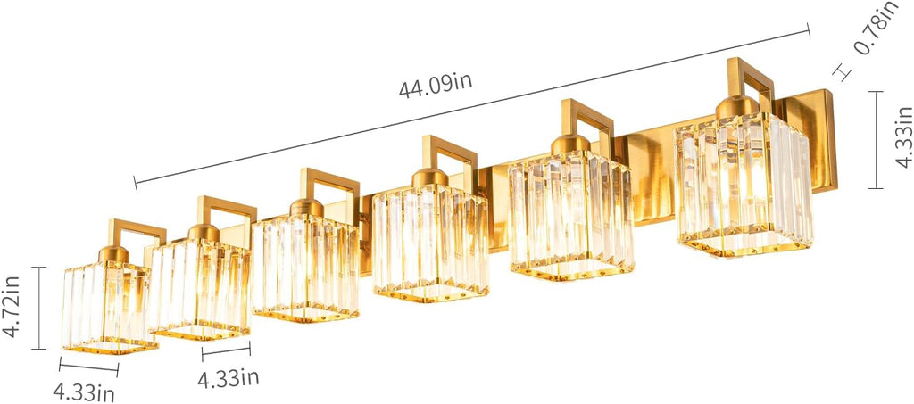 Crystal Bathroom Vanity Light 6-Lights Gold Brushed Brass Finish Modern Crystal Wall Lamp Bathroom Modern Crystal Vanity Lighting