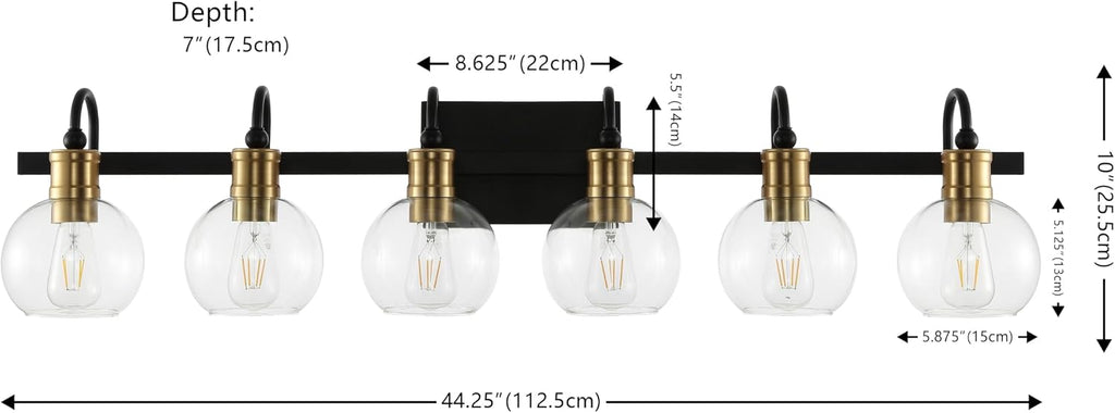 JONATHAN Y 44.25' Black/Brass Gold Vintage Wall Sconce, LED Vanity Light for Bathroom Bedroom Entryway, Clear Glass Globe Shade, Modern Industrial Arched Lamp, LED Bulb Included (JYL3557A)