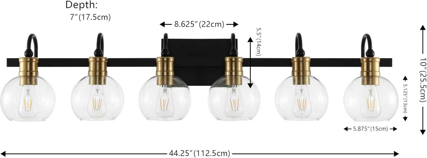 JONATHAN Y 44.25' Black/Brass Gold Vintage Wall Sconce, LED Vanity Light for Bathroom Bedroom Entryway, Clear Glass Globe Shade, Modern Industrial Arched Lamp, LED Bulb Included (JYL3557A)
