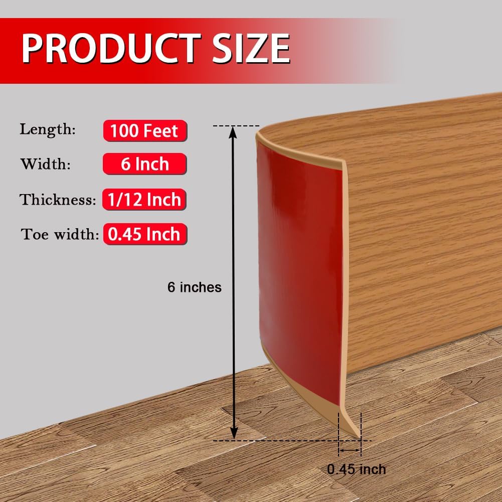 Vinyl Wall Base Baseboard Molding Trim 6' Flexible Self Adhesive Rubber Wall Base Moulding Trim Peel and Stick Design, 6 Inch x 100 Feet, Yellow Wood