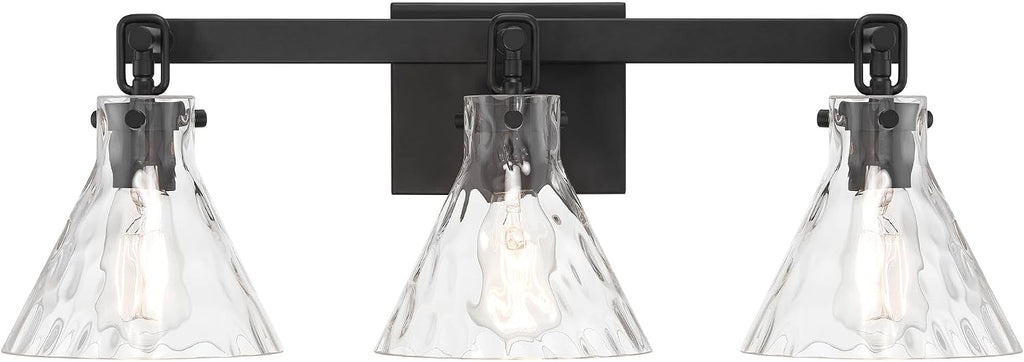 Possini Euro Design Ishii 26' High Modern 3 Light Bathroom Vanity Wall Lamp Light Fixture Mount Over The Sink Mirror Hardwired Cordless Matte Black Clear Glass Shade Indoor Entry-Way
