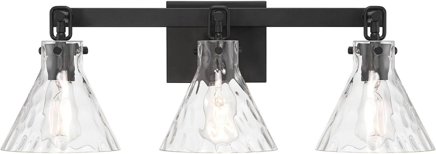 Possini Euro Design Ishii 26' High Modern 3 Light Bathroom Vanity Wall Lamp Light Fixture Mount Over The Sink Mirror Hardwired Cordless Matte Black Clear Glass Shade Indoor Entry-Way