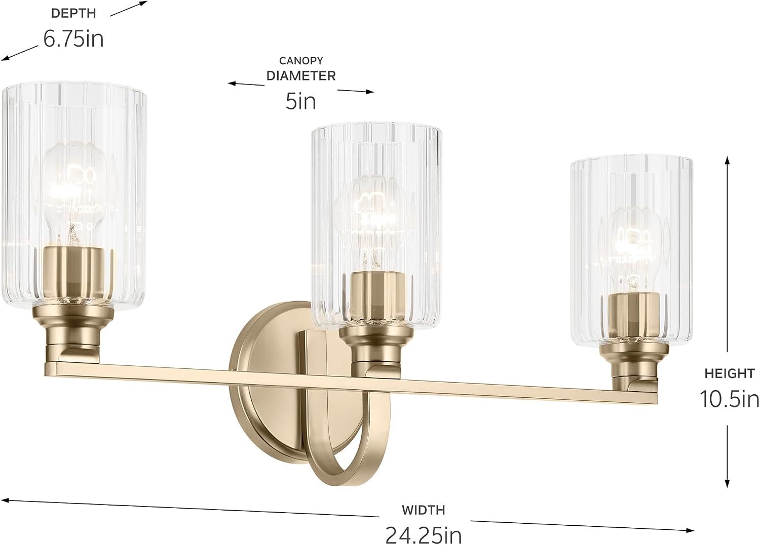 Kichler Gioe 24.25' 3-Light Bathroom Vanity Light Fixture with Clear Fluted Glass in Champagne Bronze, Damp Rated for Mirror, Powder Room (24.25' W x 10.5' H), 55226CPZFLU