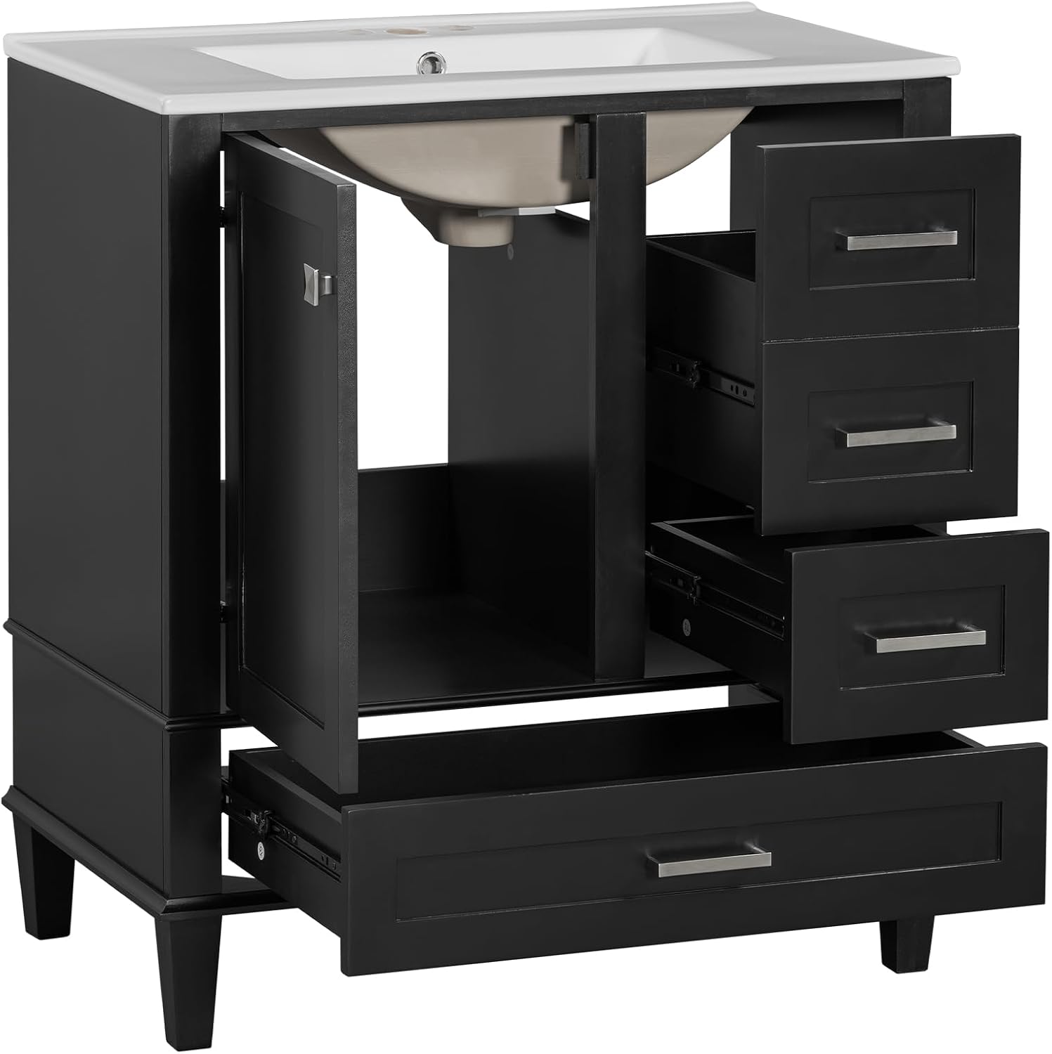 30' Black Bathroom Vanity with Sink Combo Set, Modern Storage Cabinet with a Soft Closing Door and 3 Drawers, Solid Wood Frame