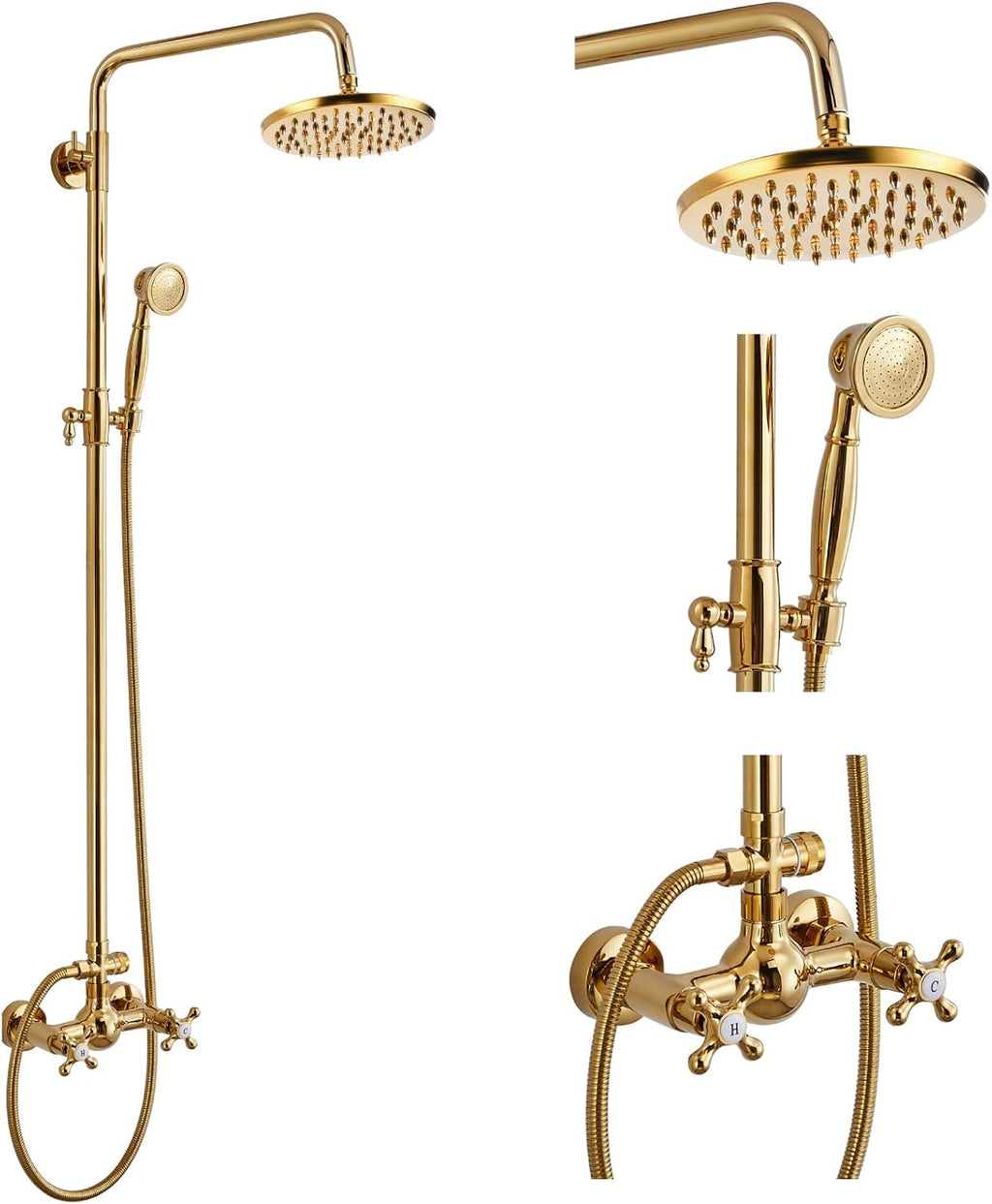 gotonovo Exposed Bathroom Shower Faucet Set Shower Fixture 8 Inch Rainfall Shower Head Handheld Shower Cross Handle Wall Mount 2 Functions Polished Gold