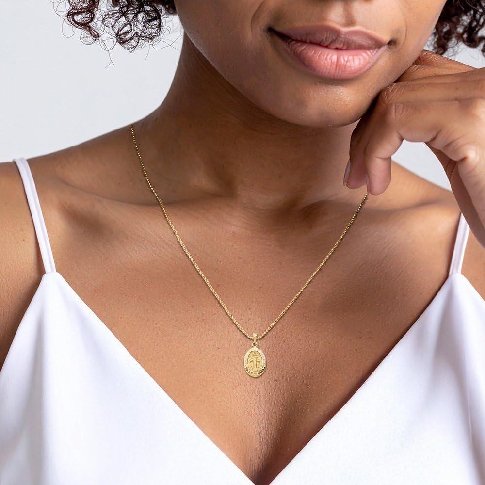 IceCarats 14K Yellow Gold Medium Oval Our Lady of Grace Miraculous Medal, Virgin Mary Pendant Necklace 23mm 7/8 inch Lightweight, Polished, Satin For Her