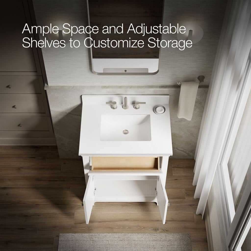 Kohler Charlemont 30' Bathroom Vanity Cabinet with White Sink and Quartz Top, Modern Bathroom Storage, White, K-29260-BD1-0