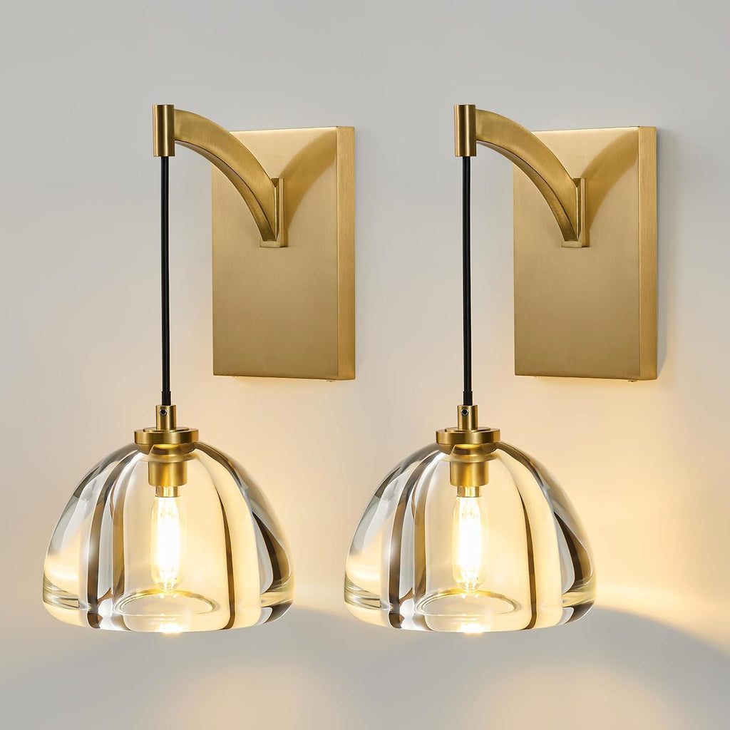 Crystal Brass Dome Wall Sconce - Luxury Brushed Lighting Fixture with K9 Crystals Cloche - Set of 2 Modern Gold Sconces - Dimmable Indoor Hanging Light for Bathroom Bedroom Living Room Stair Hallway