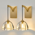 Crystal Brass Dome Wall Sconce - Luxury Brushed Lighting Fixture with K9 Crystals Cloche - Set of 2 Modern Gold Sconces - Dimmable Indoor Hanging Light for Bathroom Bedroom Living Room Stair Hallway