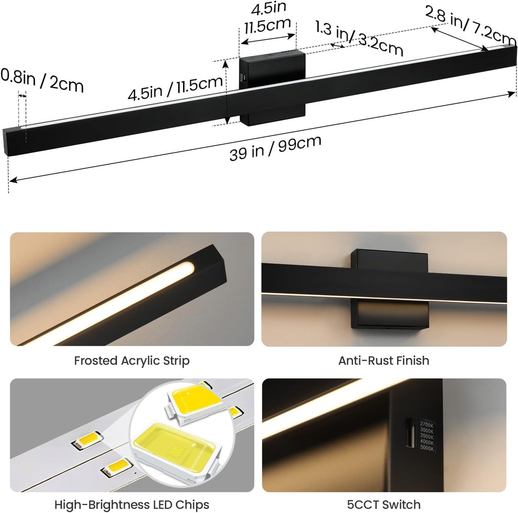 Modern Bathroom Lighting Fixtures Over Mirror, 39 Inch 30W Black Vanity Light Bar for Bathroom, Dimmable 5CCT LED Bathroom Wall Light Fixtures