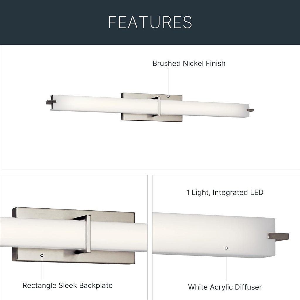 Kichler 37.5' LED Linear Bath Vanity Light Fixture with White Acrylic Diffuser in Brushed Nickel for Bathroom Lighting over Mirror (37.5' x 4.75' x 4.5'), 11147NILED