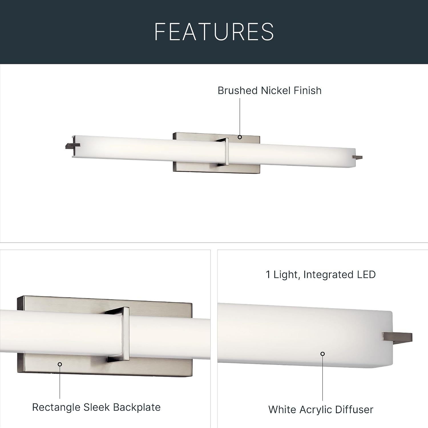 Kichler 37.5' LED Linear Bath Vanity Light Fixture with White Acrylic Diffuser in Brushed Nickel for Bathroom Lighting over Mirror (37.5' x 4.75' x 4.5'), 11147NILED