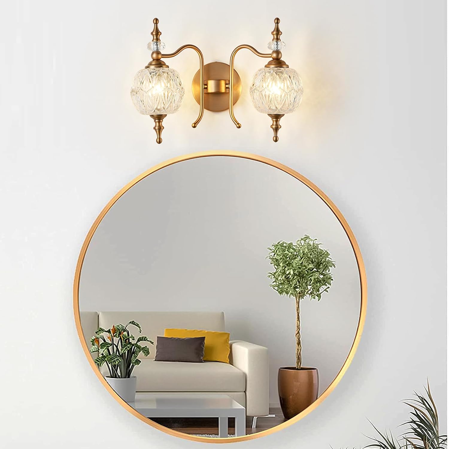2-Light Vintage Crystal Bathroom Wall Sconces, Matte Brushed Antique Brass Finish Retro Wall Sconce Light with Crystal Glass Shade for Bathroom