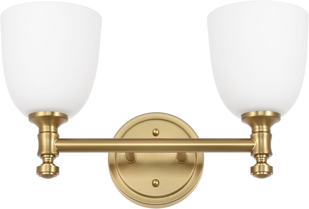 Gold Bathroom Vanity Light Fixtures, 2-Light Over Mirror, Traditional Vanity Lights for Living Room, Milk White Glass Shades, Standard E26 Base, Aged Brass, 16.3' W x 9.4' H x 6.25' D