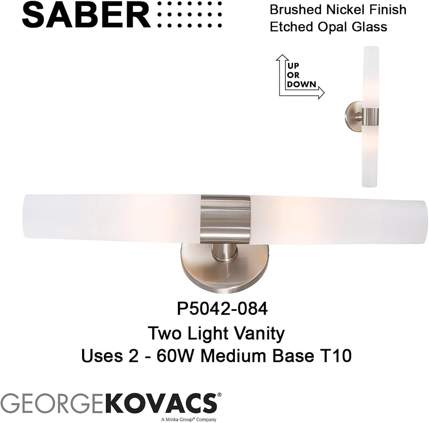 GEORGE KOVACS P5042-084 Saber Vanity Bath Light, 2-Light, 120 Total Watts, 4.75-in H x 20-in W, Brushed Nickel
